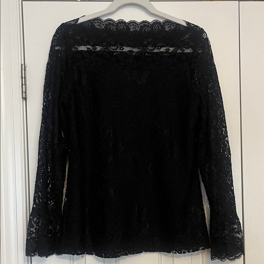 Adiva Black Lace Overlay Long Sleeve Flounce Boat Bateau Neck Top Blouse Women M